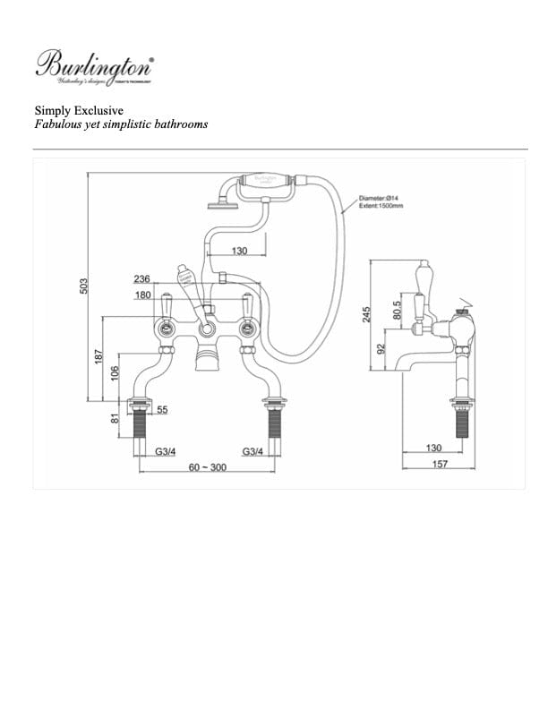 Burlington Bath Tap Burlington Kensington Deck Mounted Bath/Shower Mixer | Chrome White