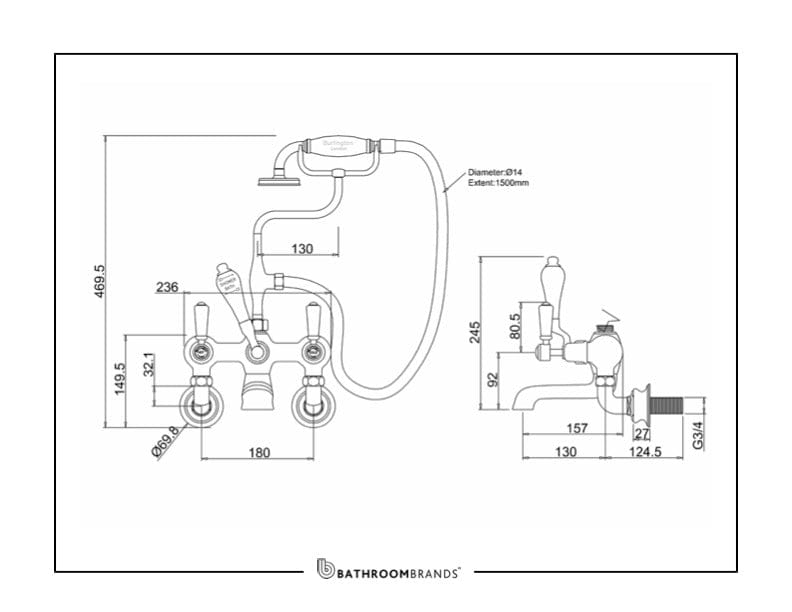 Burlington Bath Tap Burlington Kensington Wall Mounted Bath/Shower Mixer | Chrome