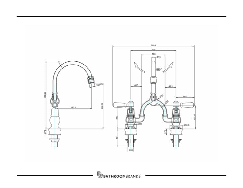 Burlington Kitchen Tap Burlington Kensington Regent Two Tap Hole Arch Mixer with Curved Spout (200mm Centres) | Chrome Black