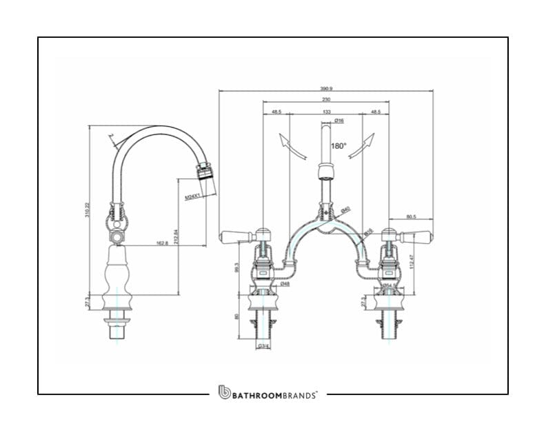 Burlington Kitchen Tap Burlington Kensington Regent Two Tap Hole Arch Mixer with Curved Spout (230mm Centres) | Chrome White