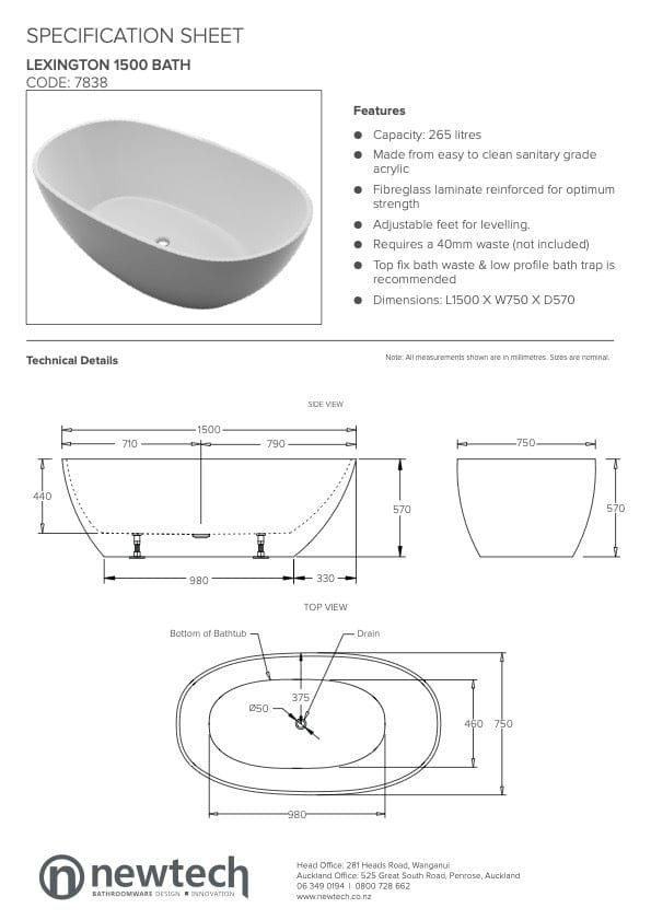Newtech Bath Newtech Lexington Freestanding Bath 1500mm (265L)