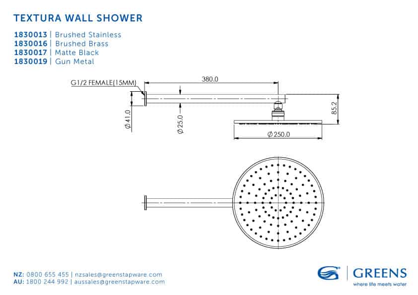 Greens shower Greens Textura Wall Shower 250mm | Brushed Stainless