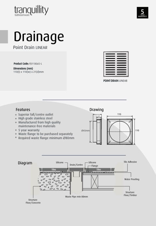 Tranquillity Bathroom Accessories Tranquillity Point Drain | Linear