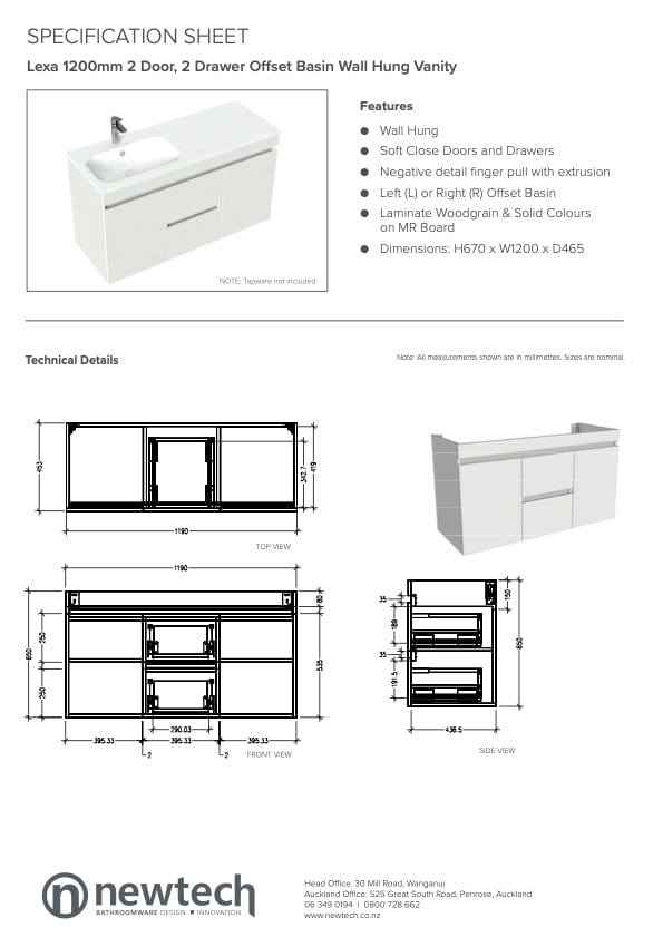 Newtech Newtech Lexa 1200 Double Tier Wall Vanity | 2 Door, 2 Drawer | Right Offset Basin Charred Elm / Via Matte White