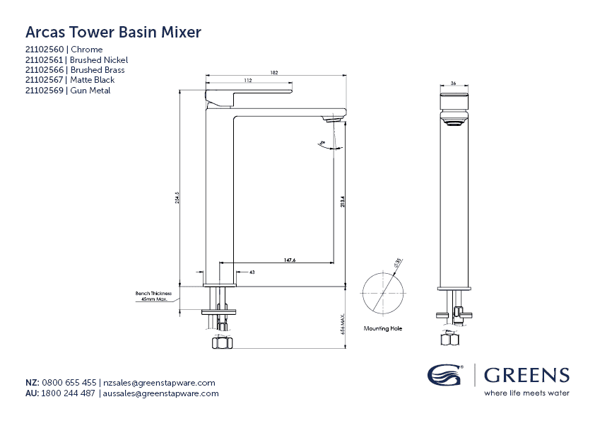 Greens Basin Tap Greens Arcas Tower Basin Mixer | Brushed Brass