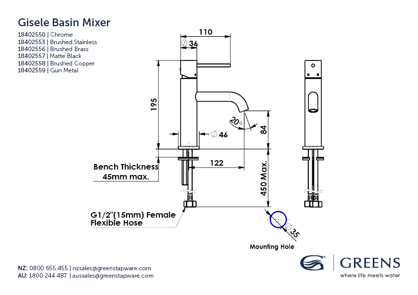 Greens Basin Tap Greens Gisele Basin Mixer | Chrome
