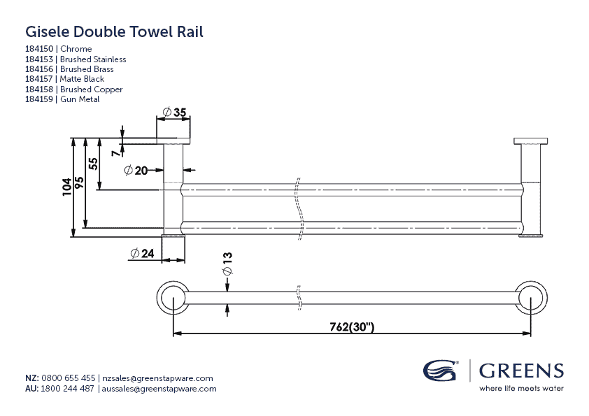 Greens Towel Rail Greens Gisele Double Towel Rail 762mm | Gunmetal