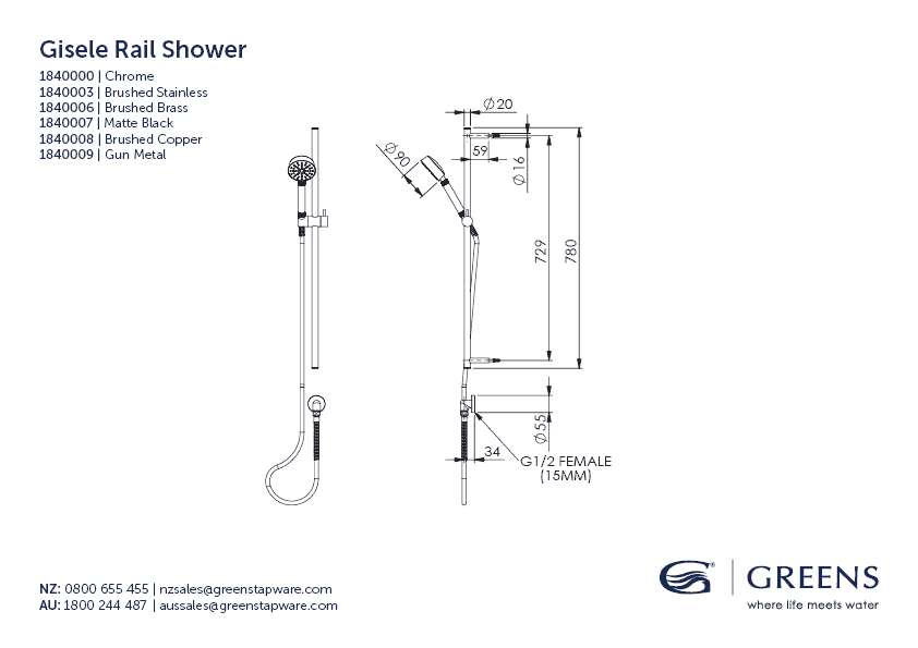 Greens Shower Greens Gisele Rail Shower | Brushed Copper