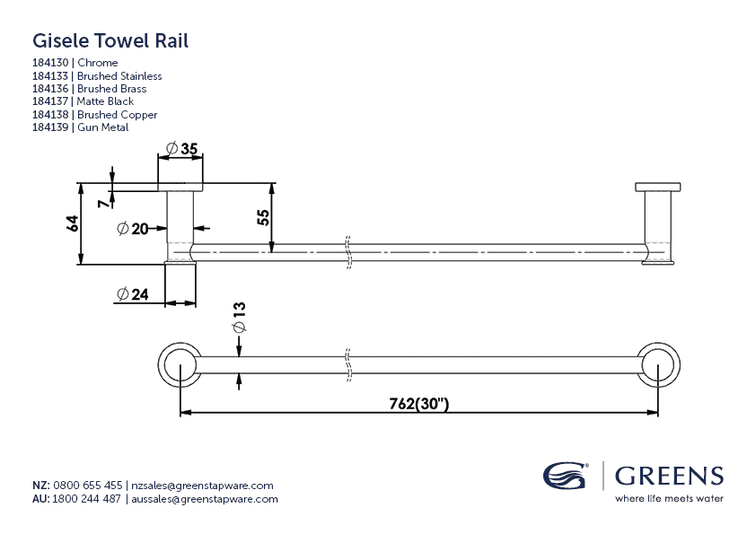 Greens Towel Rail Greens Gisele Single Towel Rail 762mm | Gunmetal