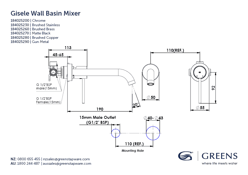 Greens Basin Tap Greens Gisele Wall Basin Mixer | Chrome