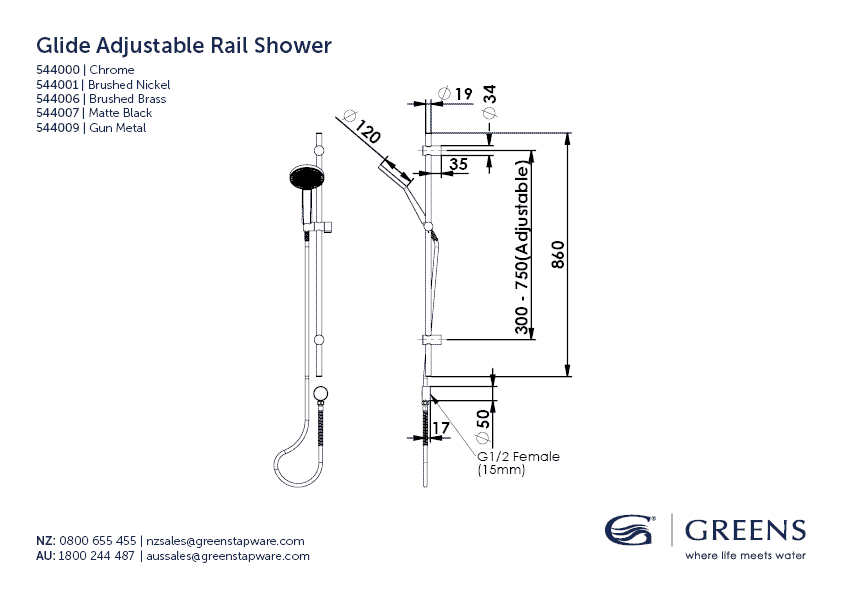 Greens shower Greens Glide RainBoost Adjustable Rail Shower | Brushed Brass
