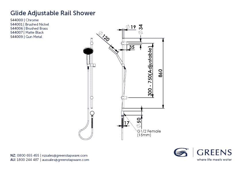 Greens shower Greens Glide RainBoost Adjustable Rail Shower | Brushed Nickel