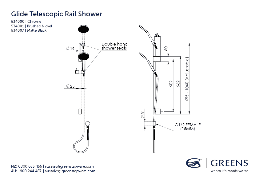 Greens shower Greens Glide RainBoost Telescopic Rail Shower | Chrome