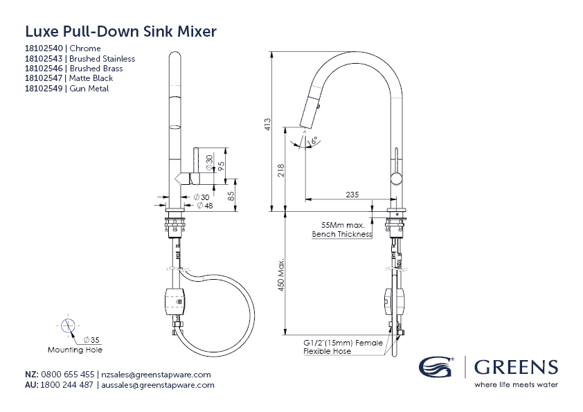 Greens Kitchen Tap Greens Luxe Pull Out Sink Mixer | Chrome