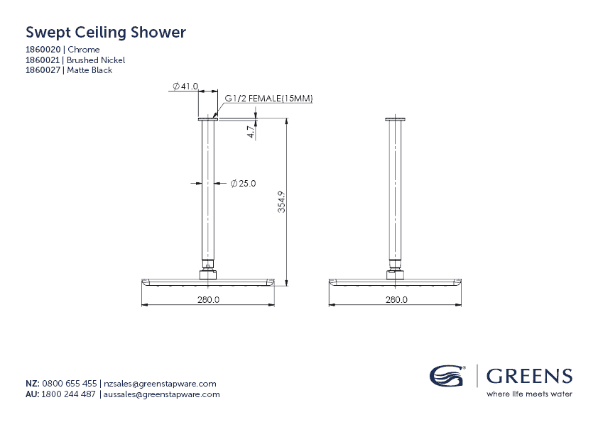 Greens shower Greens Swept Ceiling Shower Shower 280mm | Brushed Nickel