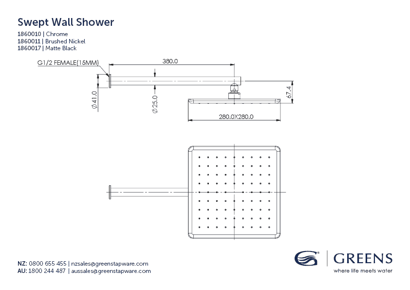 Greens shower Greens Swept Wall Shower Shower 280mm | Brushed Nickel