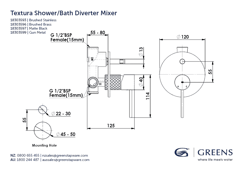 Greens Shower Mixer Greens Textura Shower Mixer with Diverter | Brushed Brass