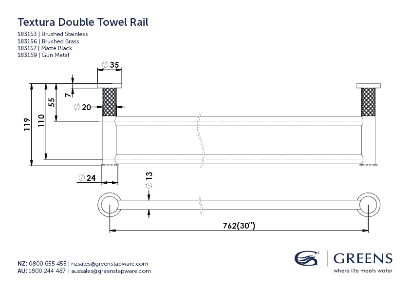 Greens Towel Rail Greens Textura Double Towel Rail 762mm | Gunmetal
