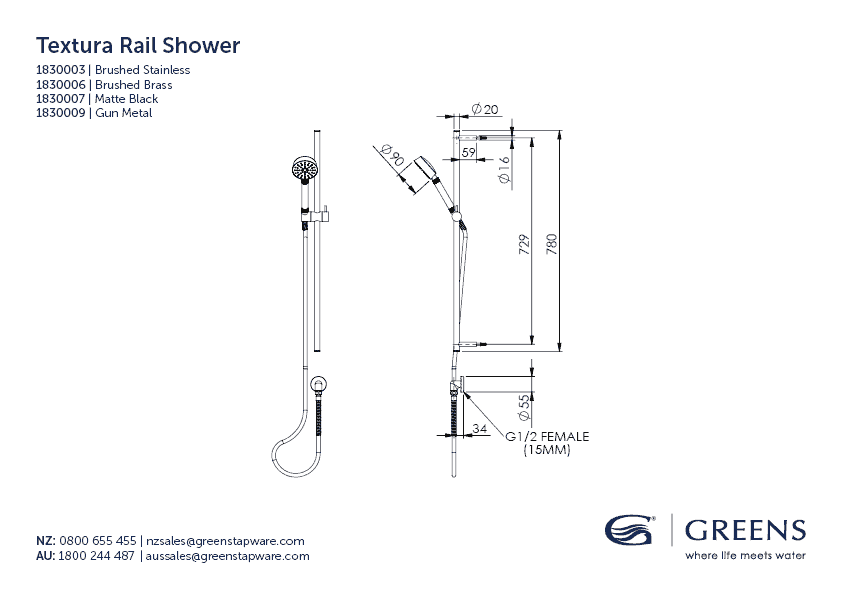 Greens shower Greens Textura Rail Shower | Brushed Brass