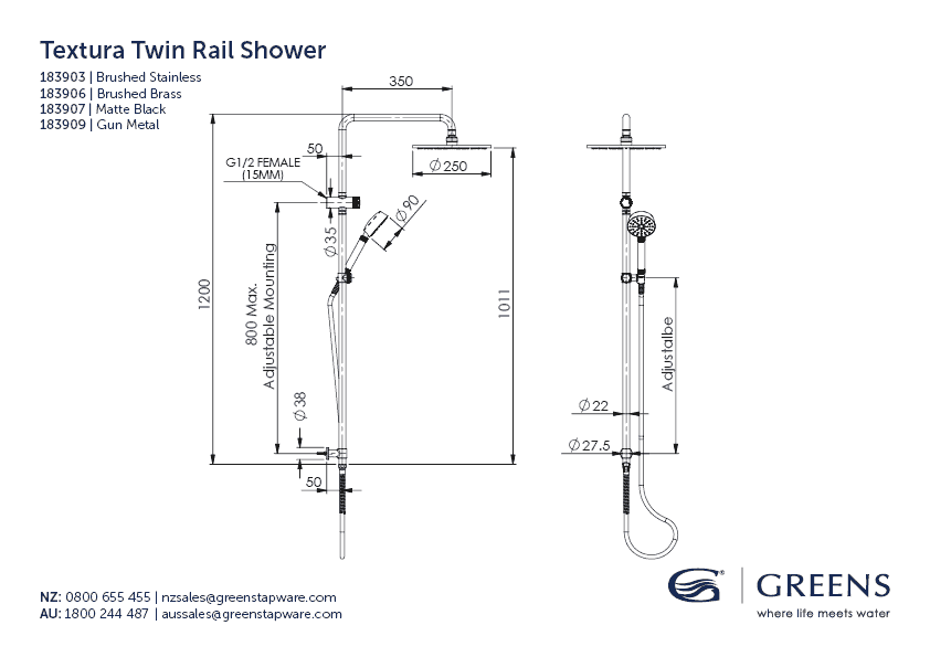 Greens shower Greens Textura Twin Rail Shower | Brushed Brass