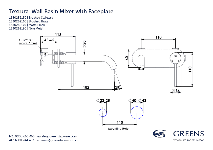 Greens Basin Tap Greens Textura Wall Basin Mixer with Faceplate | Gunmetal