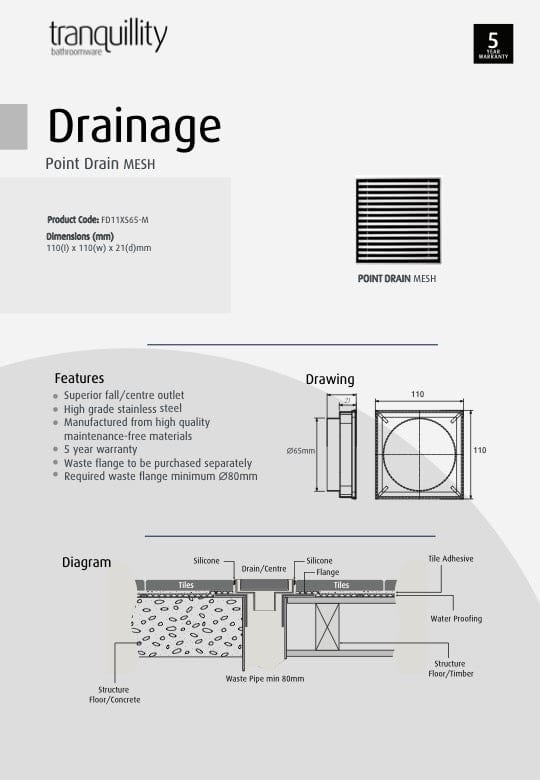 Tranquillity Bathroom Accessories Tranquillity Point Drain | Mesh