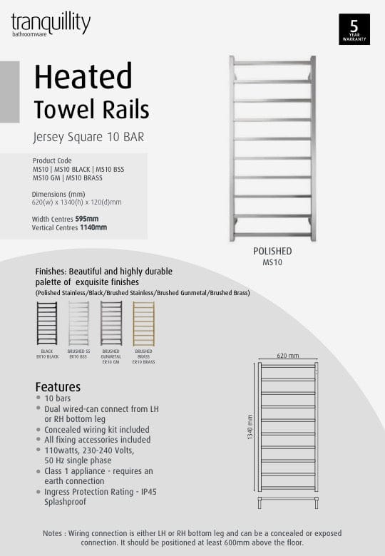 Tranquillity Heated Towel Ladder Tranquillity Jersey Square Heated Towel Ladder 1340 x 620mm | Polished Stainless