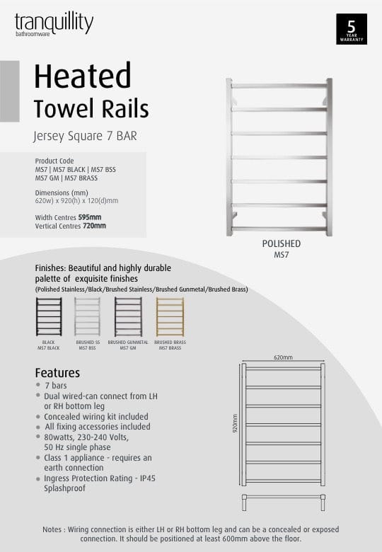 Tranquillity Heated Towel Ladder Tranquillity Jersey Square Heated Towel Ladder 920 x 620mm | Brushed Stainless