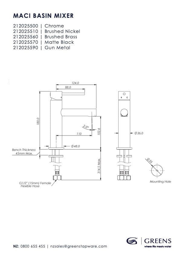Greens Basin Tap Greens Maci Basin Mixer | Matte Black