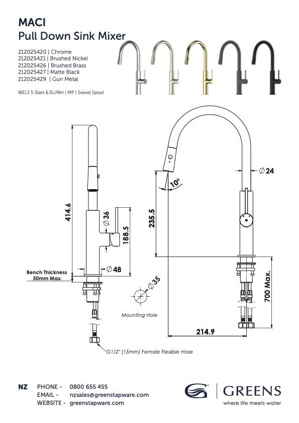 Greens Kitchen Tap Greens Maci Pull Down Sink Mixer | Brushed Nickel