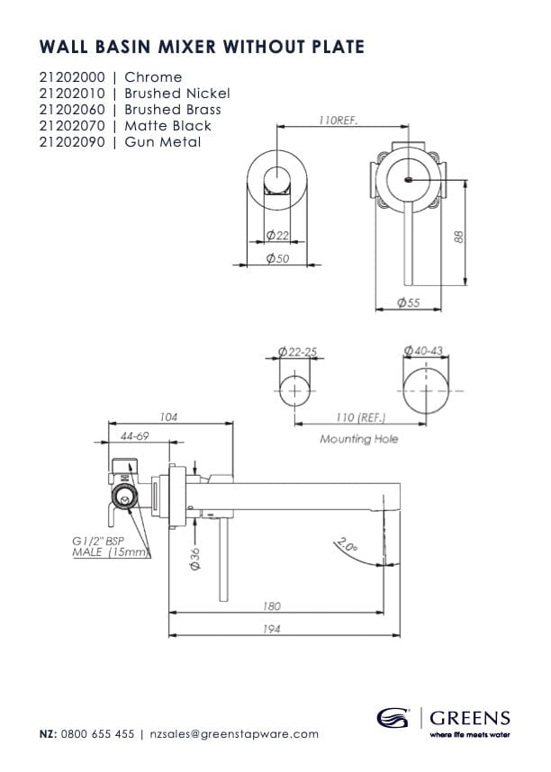 Greens Basin Tap Greens Maci Wall Basin Mixer | Brushed Brass