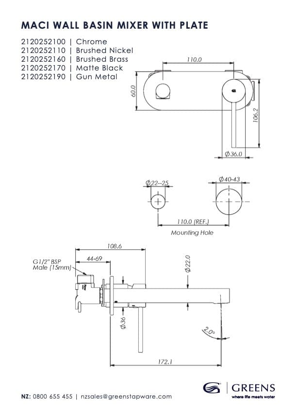 Greens Basin Tap Greens Maci Wall Basin Mixer with Faceplate | Brushed Nickel