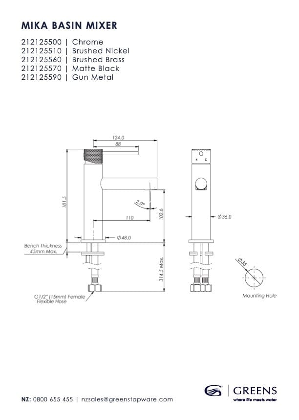 Greens Basin Tap Greens Mika Basin Mixer | Brushed Brass