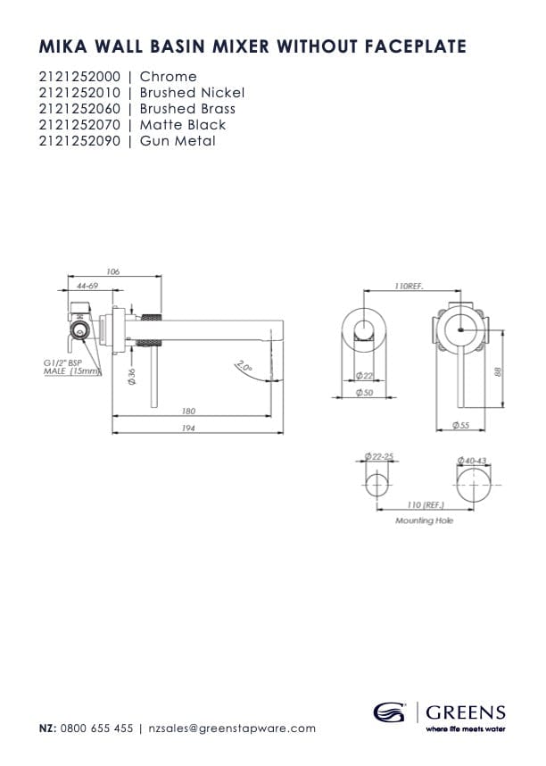 Greens Basin Tap Greens Mika Wall Basin Mixer | Brushed Brass