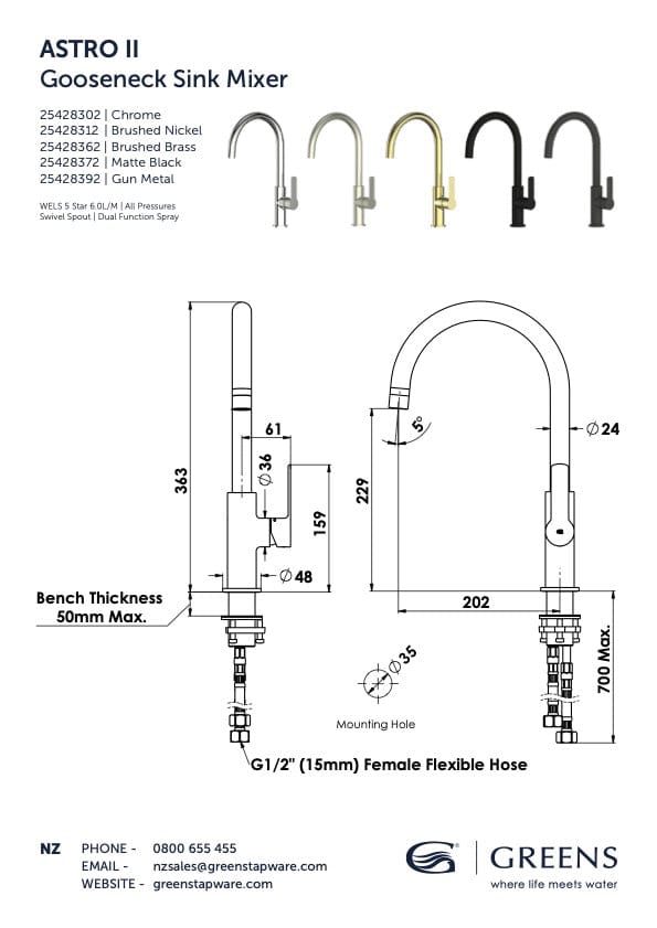 Greens Kitchen Tap Greens Astro II Gooseneck Sink Mixer | Brushed Brass