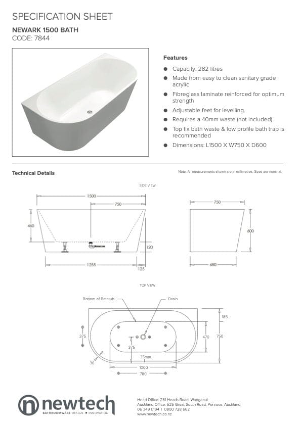 Newtech Bath Newtech Newark Back to Wall Bath 1700mm (328L)