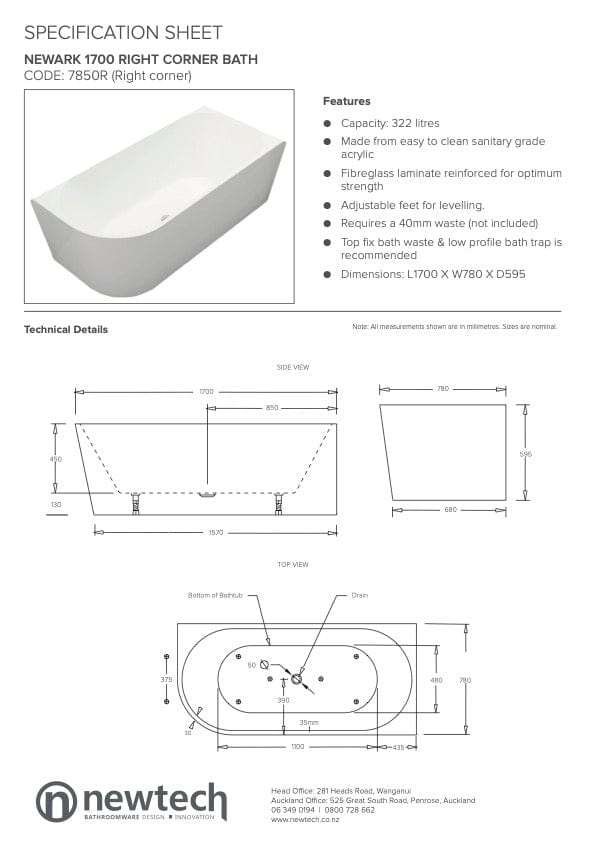 Newtech Bath Newtech Newark Corner Bath 1700mm (322L) / Right Corner