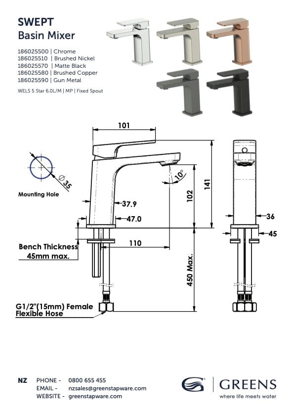 Greens Basin Tap Greens Swept Basin Mixer | Matte Black