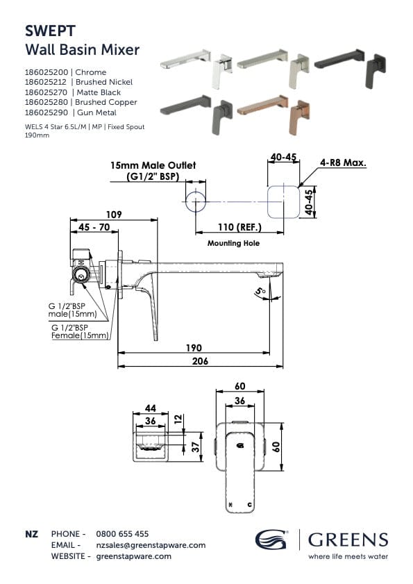 Greens Basin Tap Greens Swept Wall Basin Mixer | Brushed Nickel