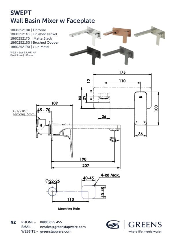 Greens Basin Tap Greens Swept Wall Basin Mixer with Faceplate | Brushed Nickel
