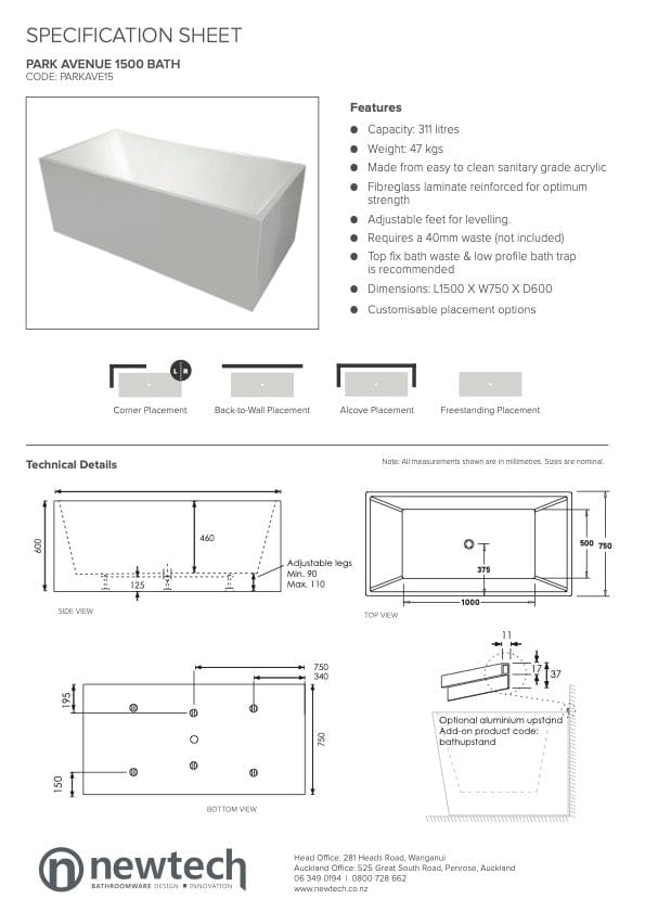 Newtech Bath Newtech Park Avenue Freestanding Bath 1700mm (351L/50KG)