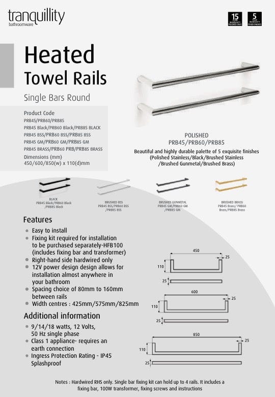 Tranquillity Heated Towel Bar Tranquillity Round Heated Towel Bar 850mm | Brushed Stainless