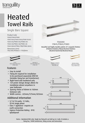Tranquillity Heated Towel Bar Tranquillity Square Heated Towel Bar 850mm | Brushed Stainless