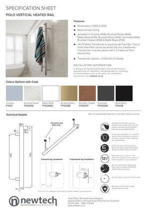 Newtech Heated Towel Ladder Newtech Polo Vertical Heated Towel Rail 1100mm | Brushed Brass