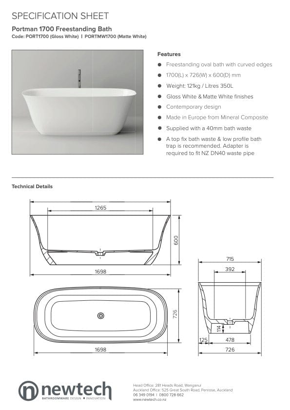 Newtech Bath Newtech Portman Freestanding Bath | Gloss White