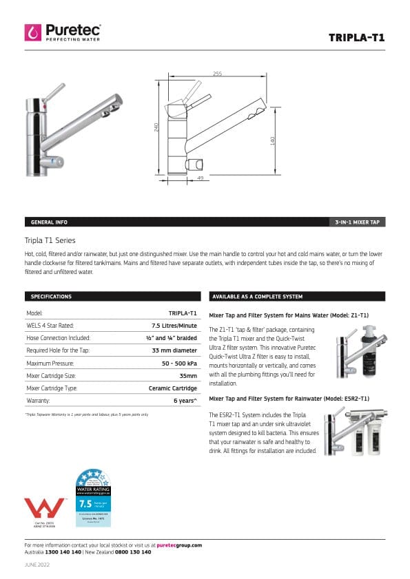 Puretec Filter Tap Puretec Tripla T1 Triple Action LED Filter Kitchen Mixer | Chrome Mains Water Filter