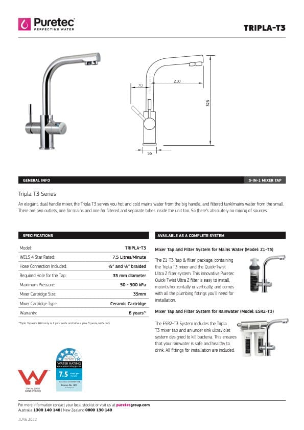 Puretec Filter Tap Puretec Tripla T3 Triple Action LED Filter Kitchen Mixer | Chrome Mains Water Filter