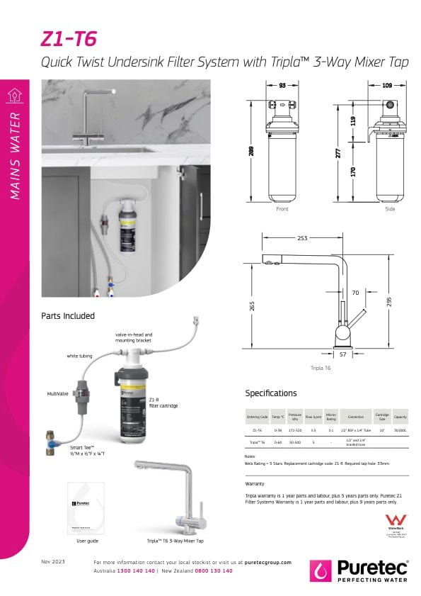 Puretec Filter Tap Puretec Tripla T6 Triple Action LED Kitchen Mixer + Mains Water Filter | Chrome