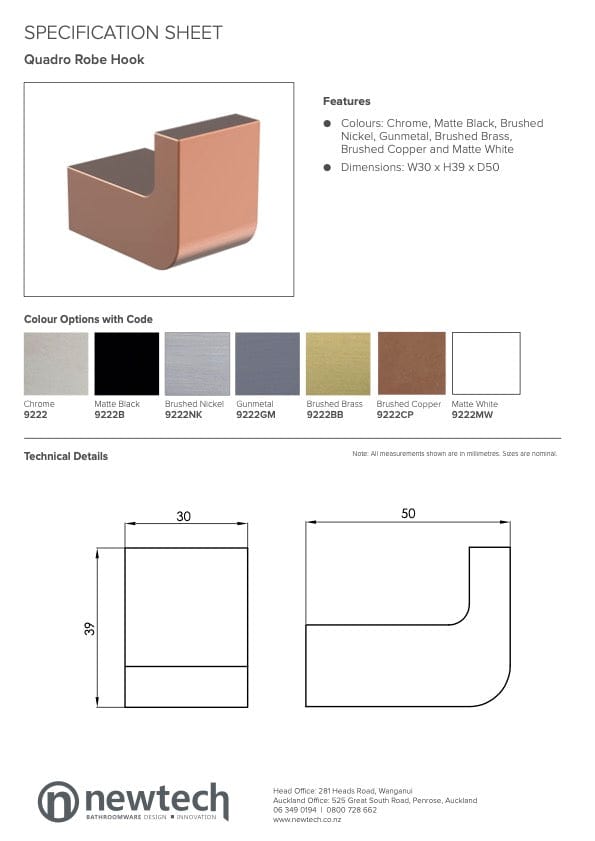 Newtech Robe Hook Newtech Quadro Robe Hook | Brushed Copper