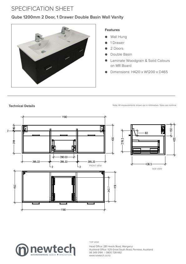 Newtech Newtech Qube 1200mm | 2 Door 1 Drawer Double Basin Wall Vanity